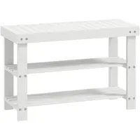 HOMCOM Zapatero-Bambusbank mit Sitzfläche und 2 Ablagen für 6 Paar Schuhe, für Flur, Wohnzimmer oder Schlafzimmer, 70 x 28 x 45 cm, weiß