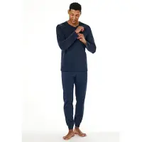 Schiesser Schlafanzug "Casual Essentials", Herren, Gr. 50, blau (861, blau), Single Jersey, Obermaterial: 100% Baumwolle, bequem lang, V-Ausschnitt, Homewear-Sets Schlafanzug, mit bequemen Bündchen