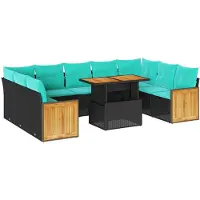 vidaXL 10-tlg. Garten-Sofagarnitur mit Kissen Schwarz Poly Rattan