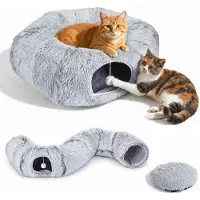 StarTech.com Katzentunnelbett - 3-in-1 Katzenspielzeug - Faltbar - Plüschhöhle - Waschbares Kissen - Rutschfest - Integrierter Ball - Grau