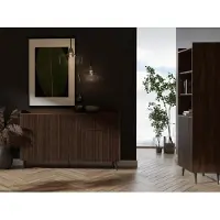 WFL GROUP Kommode 150 cm mit Rillenfronten & 6 Push-to-Open Schubladen – Wohnzimmerschrank Buffet Sideboard mit Stauraum, hohe Metallfüße, Braun Walnuss Holzoptik – Industrial-Loft & Skandi Stil – Arysa