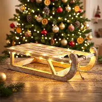 Spetebo LED Holz Deko Schlitten natur mit Timer - 50 x 23 cm - Holzschlitten warm weiß beleuchtet batteriebetrieben