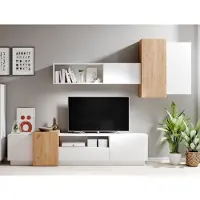 WFL GROUP Wohnwand 220 cm mit Lowboard, Hängeschränken und Regal – Wandregal-Set in Weiß Matt und Craft Eiche Hellbraun – Wohnzimmermöbel mit Stauraum – Skandi Design – GRIDA