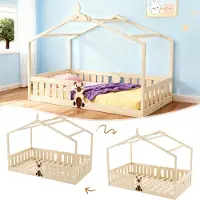 StarTech.com Montessori Bodenbett für Kinder - Hausbett 90x200 cm - mit Rausfallschutz - Lattenrost - Massivholz - gelb