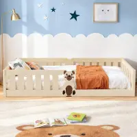 StarTech.com Skandinavisches Kinderbett aus Holz - Bodenbett 90x200 cm - Rausfallschutz-Zaun - Einzelbettgestell - Montessori Stil - Gelb