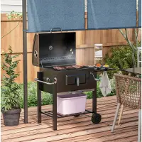 MODFU Holzkohlegrill Edelstahl Schwarz 113x65x108 cm mit Deckel, Thermometer, höhenverstellbarem Kohlefach