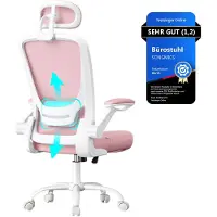 Songmics Bürostuhl ergonomisch, Drehstuhl mit Mesh, Lenden- und Kopfstütze, Wippfunktion, 53 cm große Sitzfläche, klappbare Armlehnen, Arbeits- und Schlafzimmer, Studenten, pastellrosa OBN047R01 – Bon