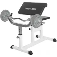 Gorilla Sports Curlbank - mit Curlstange 120cm, Gusseisen Hantelscheiben, bis 200kg, Sitz, Curlpult, Ablage 5-Fach verstellbar, Rutschfesten Füßen - Curl Hantelbank, Scottbank, Bizepsbank, Hantelset