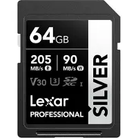 Lexar Silver SD Karte 64GB, UHS-I SDXC Card 205 MB/s Read Speed, 90 MB/s Write S