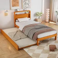 Merax Holzbett Kinderbett 90x200cm mit Ausziehbett 90x190cm, Gästebett mit abgerundetes Kopfteil, links/rechts montierbar, Funktionsbett, Natur
