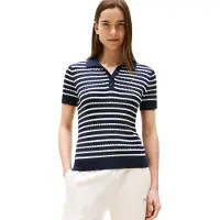 Tommy Hilfiger Damen Poloshirt Kurzarm Cable Sweater mit Knopfleiste, Mehrfarbig