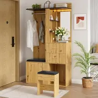 MODFU Garderobenschrank, All-in-One Garderoben-Set mit Sitzbank und Schuhschrank, Schminktisch mit LED-Licht und Spiegel, Multifunktionaler Flurschrank mit Schubladen,Natu