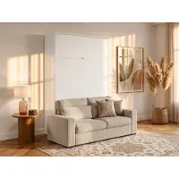 Vente-unique Schrankbett + Sofa - 160 x 200 cm - Manuelle vertikale Öffnung - Mit LED-Beleuchtung - Weiß - RAPILI