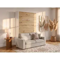 Vente-unique Schrankbett + Sofa - 160 x 200 cm - Manuelle vertikale Öffnung - Mit LED-Beleuchtung - Weiß & Holzfarben - RAPILI
