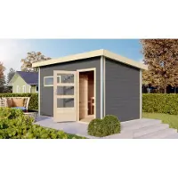 Karibu Holz Gartensauna / Saunahaus "Skrollan 3" terragrau 396 x 231 x 227 cm (B x T x H) ohne Ofen mit Klarglastür, eckiges Fenster
