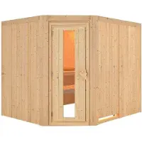 Karibu Sauna Innensauna Malin Eckeinstieg Ofen 9 KW externe Strg easy 245x210x202 cm mit Dachkranz mit Klarglastür