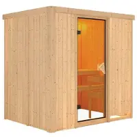 Karibu Sauna Fanja (Fronteinstieg), Holztür mit Isolierglas, wärmegedämmt, klar, Ofen 3,6 kW integr. Steuerung