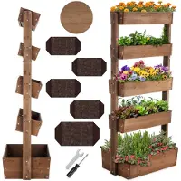 TecTake Vertical Garden Flora - Mit 5 Pflanzgefäßen für Blumen, Kräuter oder Gemüse - Braun - 81 x 52 x 180 cm - Gärtner für den Nutzgarten - Kippbare Blumenkästen aus lackierter Kiefer - Inklusive