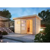 Karibu Saunahaus Außensauna Gartensauna Skrollan 1 unbehandelt ohne Zubehör 38mm Massivholz 336x196x228 cm mit Moderne Tür