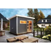 Karibu Saunahaus Außensauna Gartensauna Skrollan 2 terragrau lackiert Ofen 9 KW externe Strg easy 38mm Massivholz 336x231x227 cm mit Moderne Tür