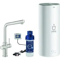 GROHE Red Duo Einhand-Spültischarmatur Set, Ausladung 221mm, L-Auslauf, mit Red Boiler Größe L, 30325DC1, Farbe: Supersteel