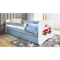 WFL GROUP Kinderbett Blau 70x140 80x160 80x180 cm – mit Matratze, Rausfallschutz und Schublade – Jugendbett für Jungen – Stabil und Sicher –Feuerwehrauto – 160x80 cm
