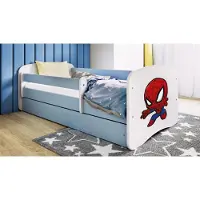 WFL GROUP Kinderbett Blau 70x140 80x160 80x180 cm – mit Matratze, Rausfallschutz und Schublade – Jugendbett für Jungen – Stabil und Sicher – Spider – 160x80 cm