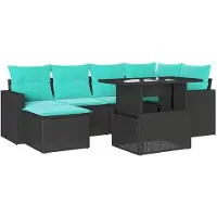 vidaXL 7-teiliges Gartensofa-Set mit Kissen, schwarzes Polyrattan