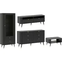 Feldmann-Wohnen Wohnzimmer-Set Blinx Wohnwand-Set Setgröße wählbar Schwarz gold,Kommode mit 6 Schubladen, Lowboard, Vitrine, Couchtisch