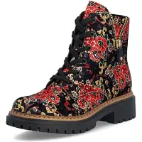 Rieker Schnürstiefelette , Damen, Gr. 37, wärmend, bunt (schwarz, rot), Lederimitat, Schuhe Schnürstiefelette, Schnürboots, Blockabsatz, mit praktischem Innenreißverschluss