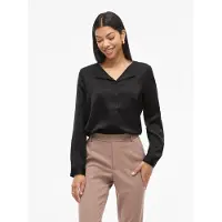 Vila Hemdbluse "VIELLETTE V-NECK L/S SATIN SHIRT - NOOS", Damen, Gr. 42, schwarz, Obermaterial: 100% Polyester, unifarben, regular fit normal, Blusen Hemdbluse
