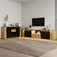Merax Wohnzimmermöbel Set, TV-Lowboard und Sideboard, TV-Schrank für 75-Zoll-TV, 2 Türen, Schublade, Kommode mit 3 Türen, Schwarz + Holzton