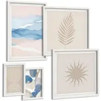 Tulup BILDER SET 5er Set - 50x50 cm & 20x30 cm & 40x60 cm Weißer Rahmen - Abstrakte Linien der Sonnenwellen