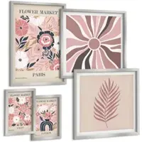 Tulup BILDER SET 5er Set - 50x50 cm & 20x30 cm & 40x60 cm Silberner Rahmen - Blumenmuster, Blätter, Geometrie