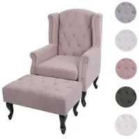Mendler Sessel Chesterfield, Relaxsessel Clubsessel Ohrensessel, wasserabweisend Stoff/Textil hellrosa mit Ottomane