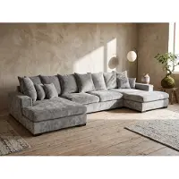 WFL GROUP Wohnlandschaft mit Schlaffunktion & Bettkasten – Hellgrau Chenille – XXL Sofa in U-Form mit 8 Rückenkissen & 4 Zierkissen – 373 cm breit, Liegefläche 331x140 cm, Schlafsofa fürs Wohnzimmer