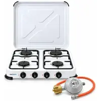 BlueCraft Camping Gaskocher Mobi 4-flammig, weiss mit Zündsicherung, Gasschlauch und Gasr...