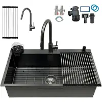 Markenlos Edelstahl Küchenspüle 80 x 50 cm mit 1 Becken in Grau Schwarz und Nano Edelstahl-Grill, inklusive 3-Loch-Abtropffläche, Wasserhahn und Seifenspender
