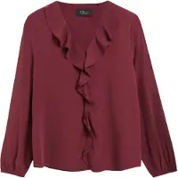 s.Oliver Black Label Langarmbluse BLACK LABEL, Damen, Gr. 34, rot (maroon rot), Blusen Langarmbluse, mit Volant-Verzierung am V-Ausschnitt