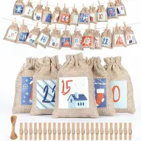 Sonstiges Adventskalender-Tüten 24 Tage Countdown Jutebeutel zum Aufhängen Blau 15x10 cm Satin