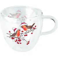 Ambiente Weihnachten Doppelwandiger Glasbecher 9,5 cm x Ø 10 cm Christmas robins white Rotkehlchen mit Weihnachtsmütze Inhalt 0,2 Liter