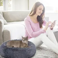 Peviasot Rundes Hundebett Katzenbett Ø 100 cm, Langplüsch, rutschfester Boden, Dunkelgrau