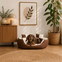 Belviona 4-in-1 Hundebett, Hundekörbchen mit Wendekissen, wasserabweisend, tiefer Einstieg & 2 Spielkissen, 65x50 cm, braun/beige
