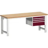 Bott Werkbank cubio, manuell höhenverstellbar, Rotbuchenholz-Arbeitsplatte 40 mm, B 2000 x T 750 x H 740-1140 mm, Stahl, lichtgrau/purpurrot, 3 Schubladen, Tragkraft 1200 kg
