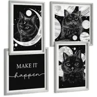 Tulup BILDER SET 4er Set - 50x50 cm & 40x60 cm Silberner Rahmen - Schwarze Katzen, Mond, Planet