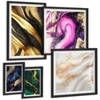 Tulup BILDER SET 5er Set - 50x50 cm & 20x30 cm & 40x60 cm Schwarzer Rahmen - Abstrakter Marmor mit Farben