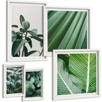 Tulup BILDER SET 5er Set - 50x50 cm & 20x30 cm & 40x60 cm Weißer Rahmen - Tropische Blätter in Grün