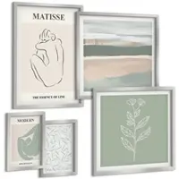 Tulup BILDER SET 5er Set - 50x50 cm & 20x30 cm & 40x60 cm Silberner Rahmen - Abstrakte Pflanzenformen
