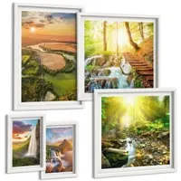 Tulup BILDER SET 5er Set - 50x50 cm & 20x30 cm & 40x60 cm Weißer Rahmen - Orange Mountain Wasserfall