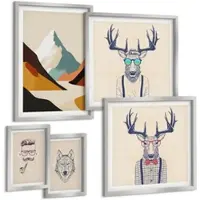 Tulup BILDER SET 5er Set - 50x50 cm & 20x30 cm & 40x60 cm Silberner Rahmen - Strand, Leuchtturm, Berge, Wiesen, Blumen